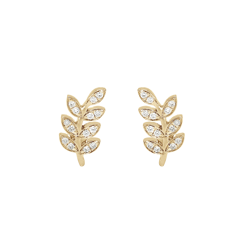 Boucles d'oreilles en or jaune et diamants, cadeau idéal pour un anniversaire, un mariage ou une naissance feuille d'acacia est le symbole de la Franc maçonnerie.