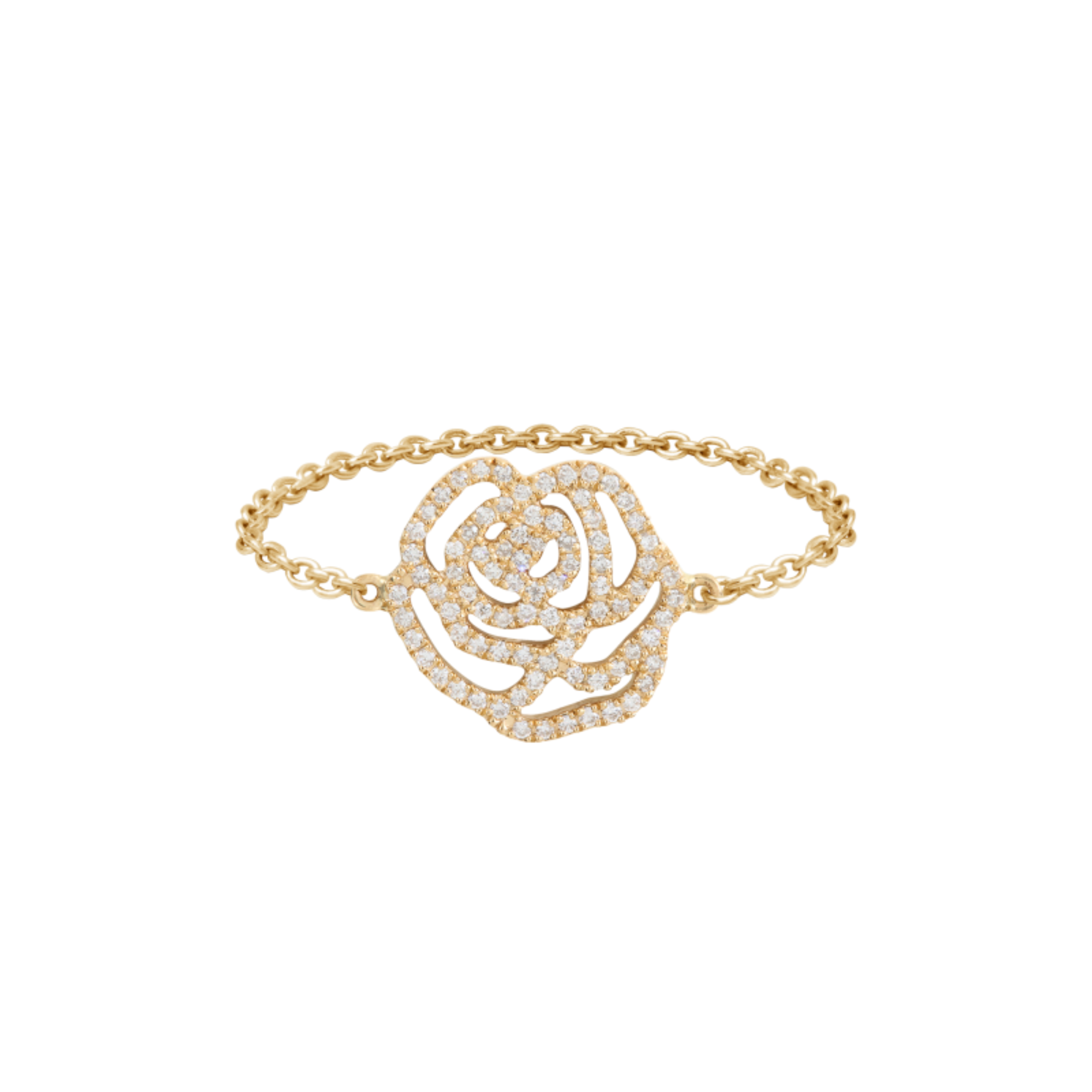 Bague chaînette fleur la rose en or jaune et diamants pour femme. Fabriqué en France, ce bijou élégant et raffiné de joaillerie fine est très prisé des célébrités et est un cadeau de Noël, d'anniversaire ou de naissance idéal.