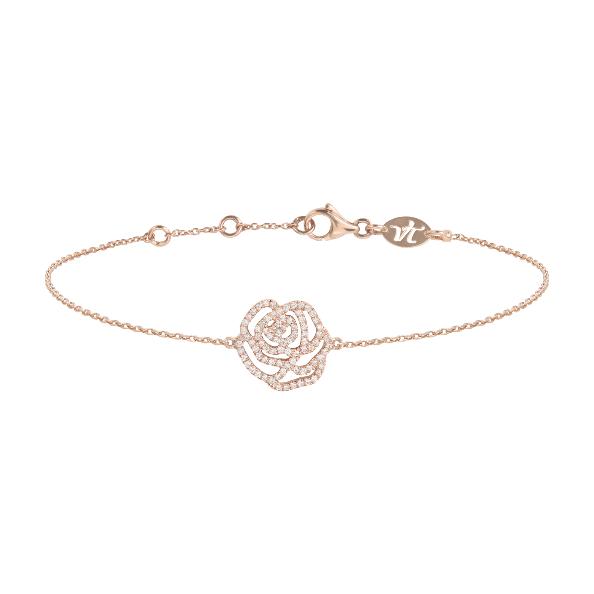 Bracelet d'exception fleur la rose en or rose et diamants pour femme. Fabriqué en France, ce bijou élégant et raffiné de joaillerie fine est très prisé des célébrités et est un cadeau de Noël, d'anniversaire ou de naissance idéal.