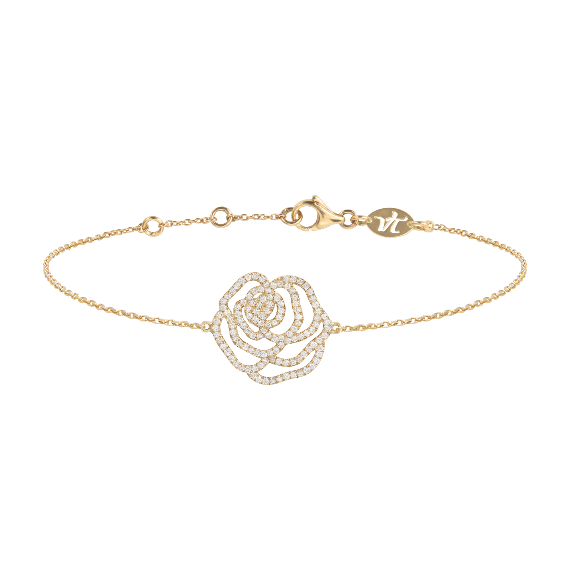 Bracelet d'exception fleur la rose en or jaune et diamants pour femme. Fabriqué en France, ce bijou élégant et raffiné de joaillerie fine est très prisé des célébrités et est un cadeau de Noël, d'anniversaire ou de naissance idéal.
