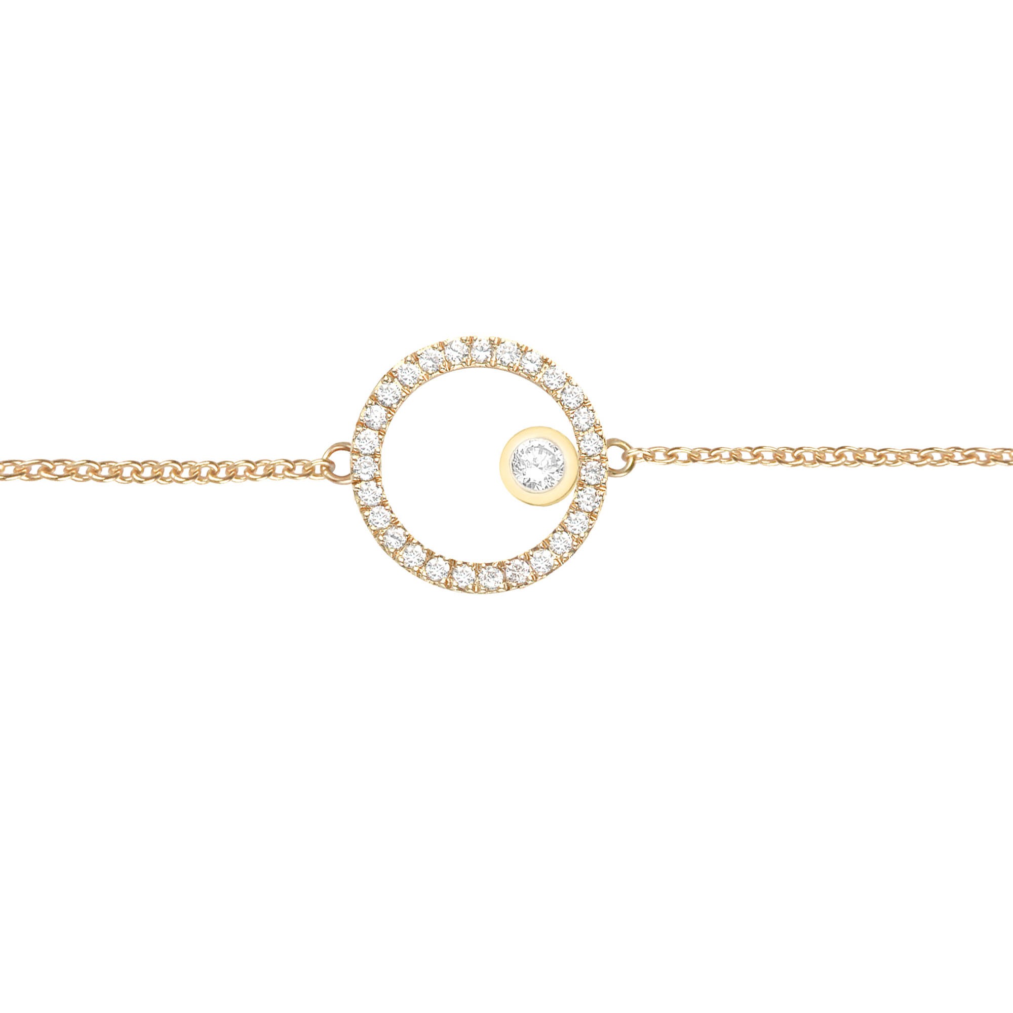 Bracelet motif cercle en diamants en or jaune pour femme et un cadeau original de noël, d'anniversaire, d'amour ou d'amitié idéal. Fabriqué en France.