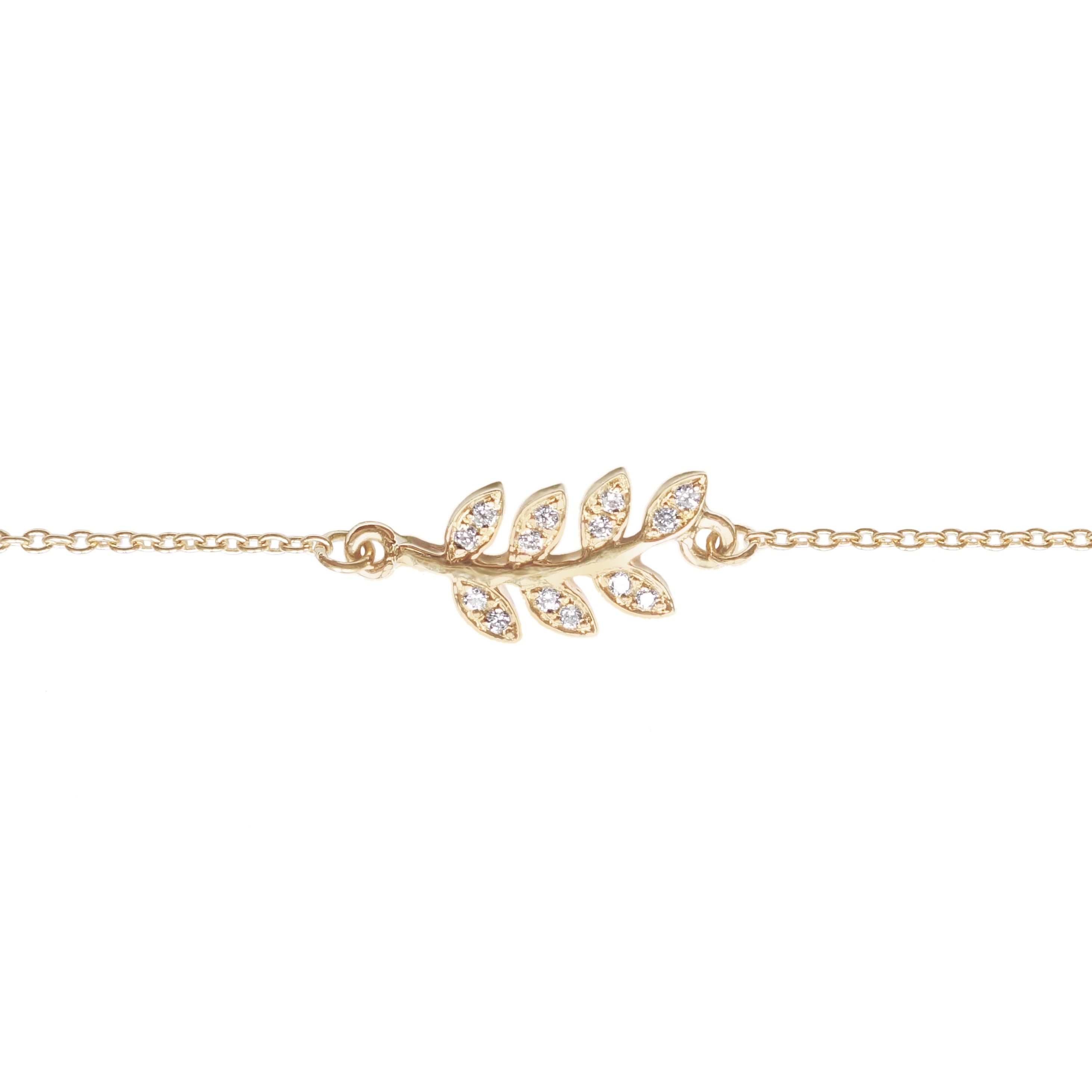 Bracelet en or jaune et diamants pour femme, fabriqué en France, avec feuille d'acacia symbole franc-maçonnerie, cadeau parfait pour amour, amitié, anniversaire, naissance.