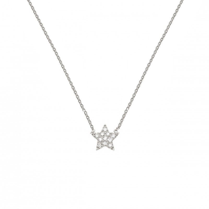 Collier étoile en diamants et or blanc fabriquée en France est un bijou pour femmes. C'est un cadeau idéal pour Noël, anniversaire, mariage.