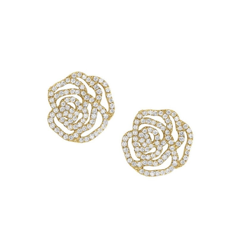 Boucles d'oreilles fleur la rose en or jaune et diamants pour femme. Fabriqué en France, ce bijou élégant et raffiné de joaillerie fine porté par Meghan Markle est un cadeau de Noël, d'anniversaire ou de naissance idéal.