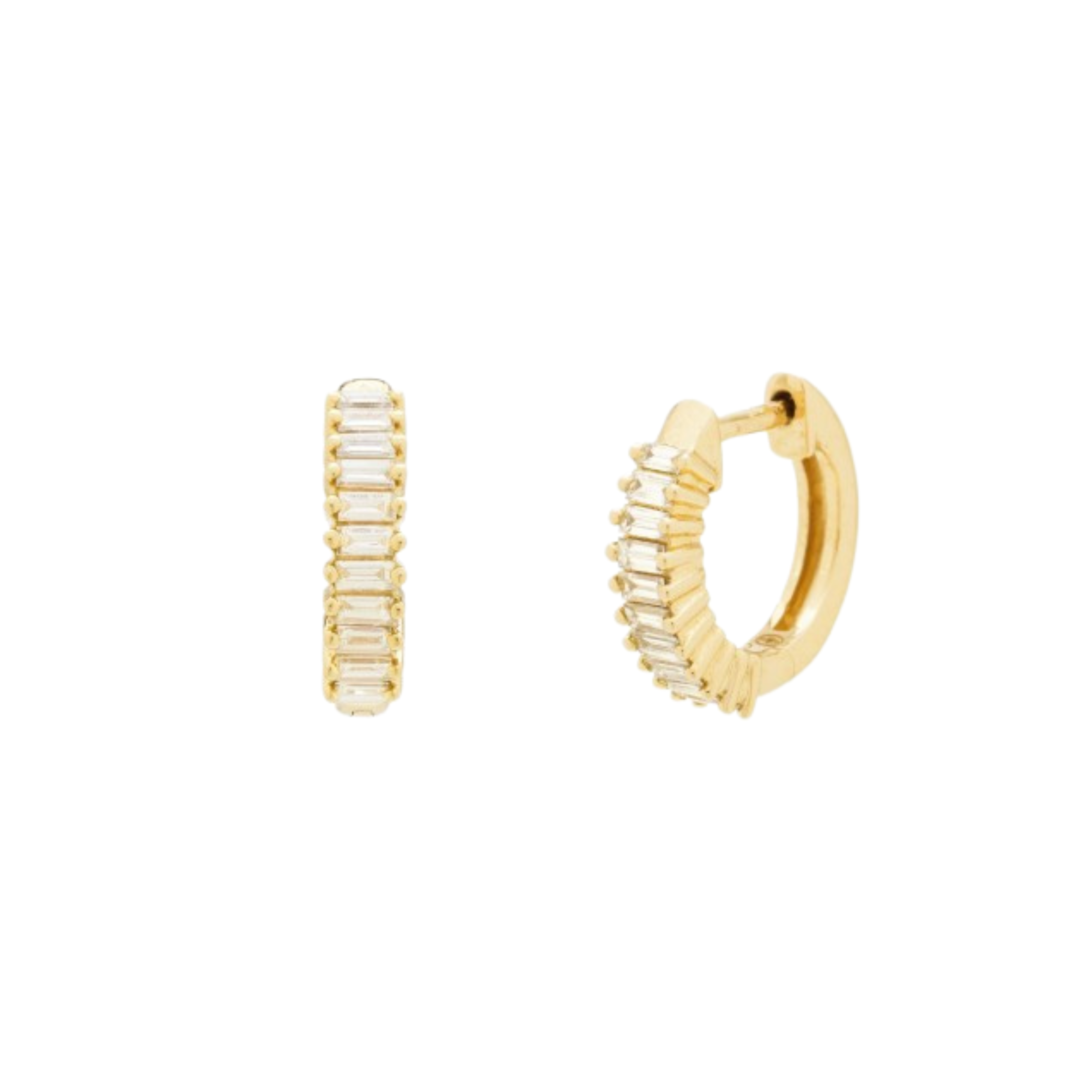 Boucles d'oreilles créoles en or jaune et diamants baguettes à superposer ou à accumuler. Ce bijou créateur de joaillerie fine fabriqué en France est un cadeau idéal pour l'anniversaire d'une femme.