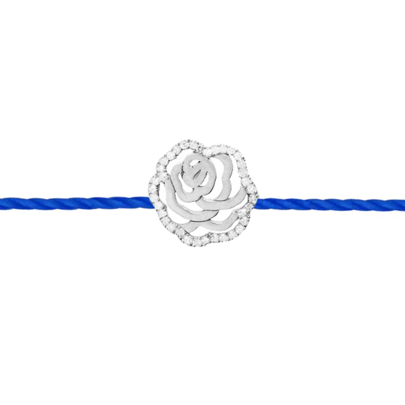 Bracelet fleur la rose en diamants sur fil cordon de couleur est un bijou abordable, accessible et pas cher pour femme et un cadeau original de noël, d'anniversaire, d'amour ou d'amitié idéal. Fabriqué en France.