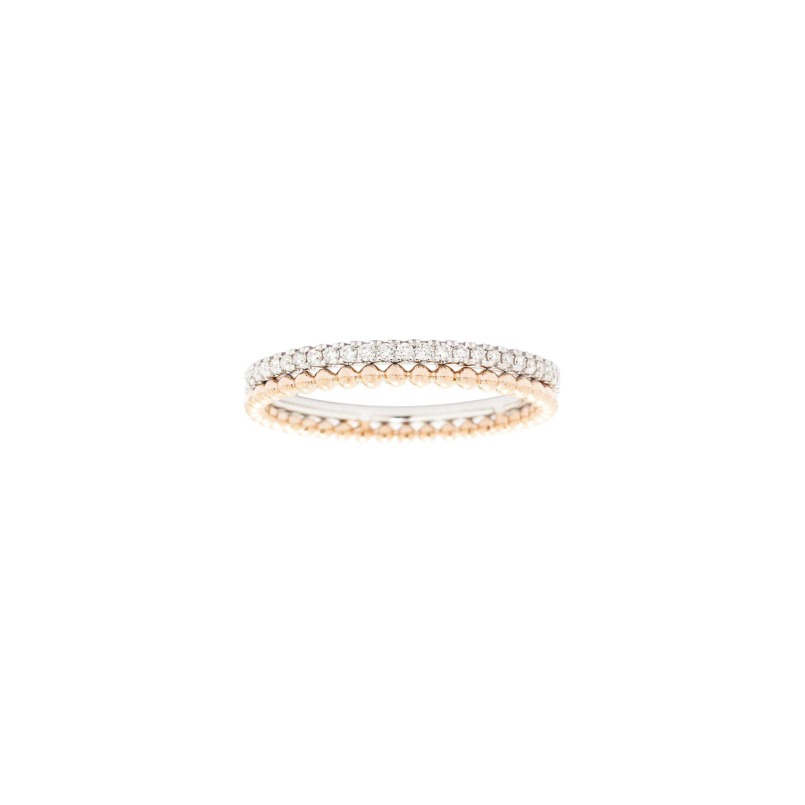 Bague alliance en or rose et blanc et diamants pour femme, bijou de joaillerie fine fabriqué en France, cadeau idéal pour des fiançailles ou un mariage.