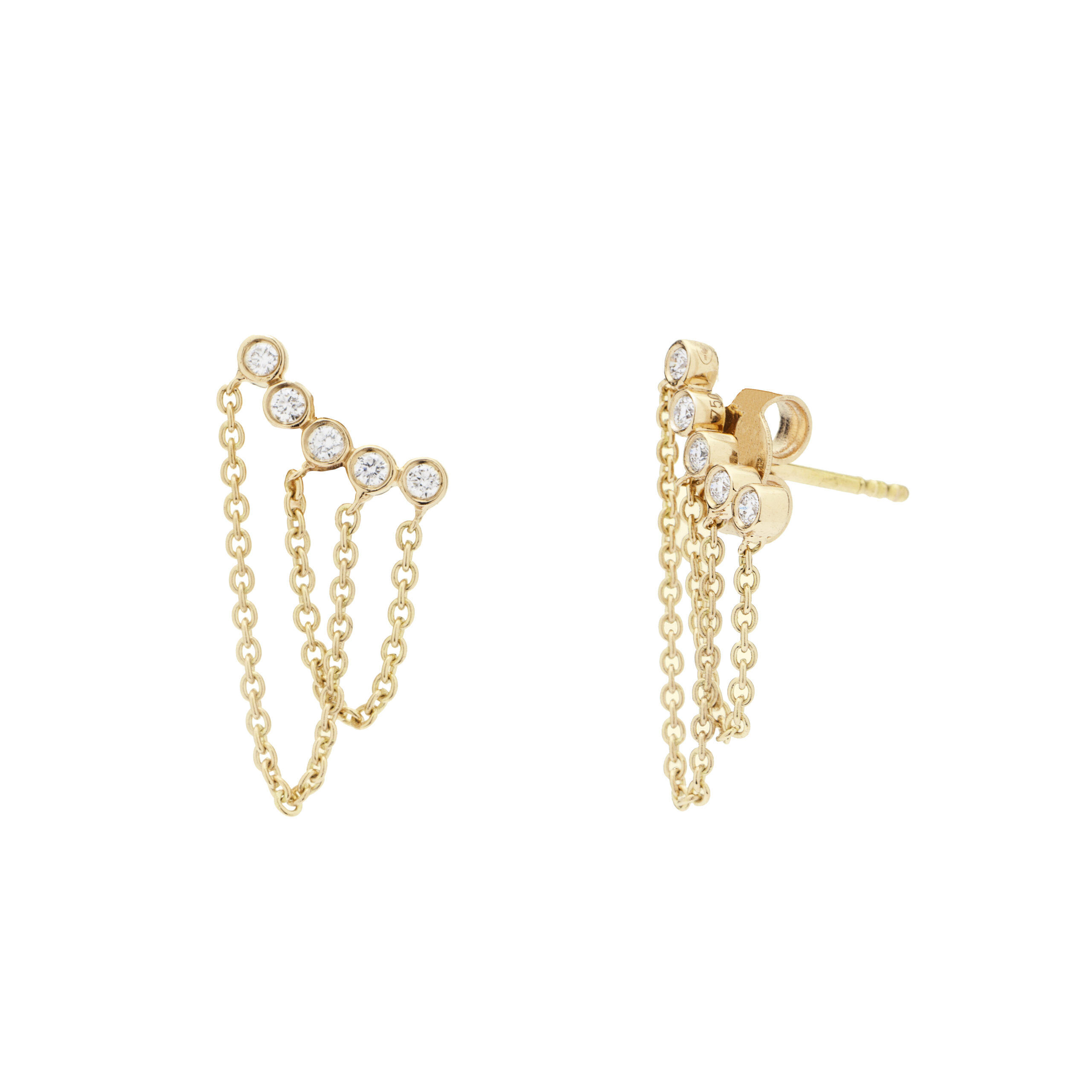 Boucles d'oreilles chainettes montantes en or jaune et diamants fabriquées en France. Bijou cadeau tendance rock pour femmes.