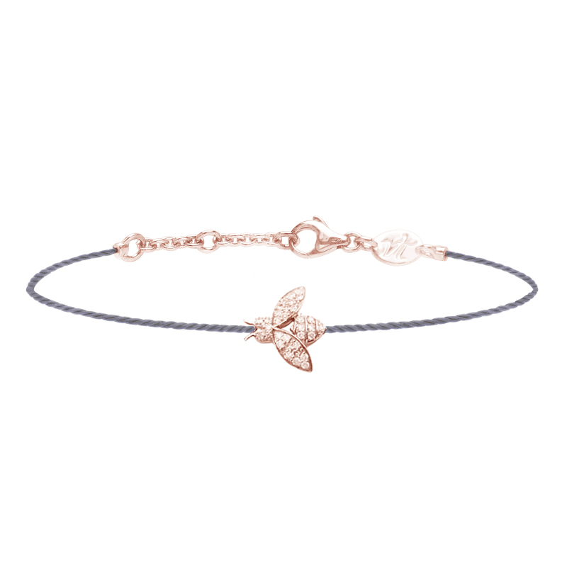 Bracelet abeille sur fil cordon de couleur et diamants est un bijou pour femmes, fabriqué en France et un cadeau d'anniversaire, d'amour ou d'amitié idéal.
