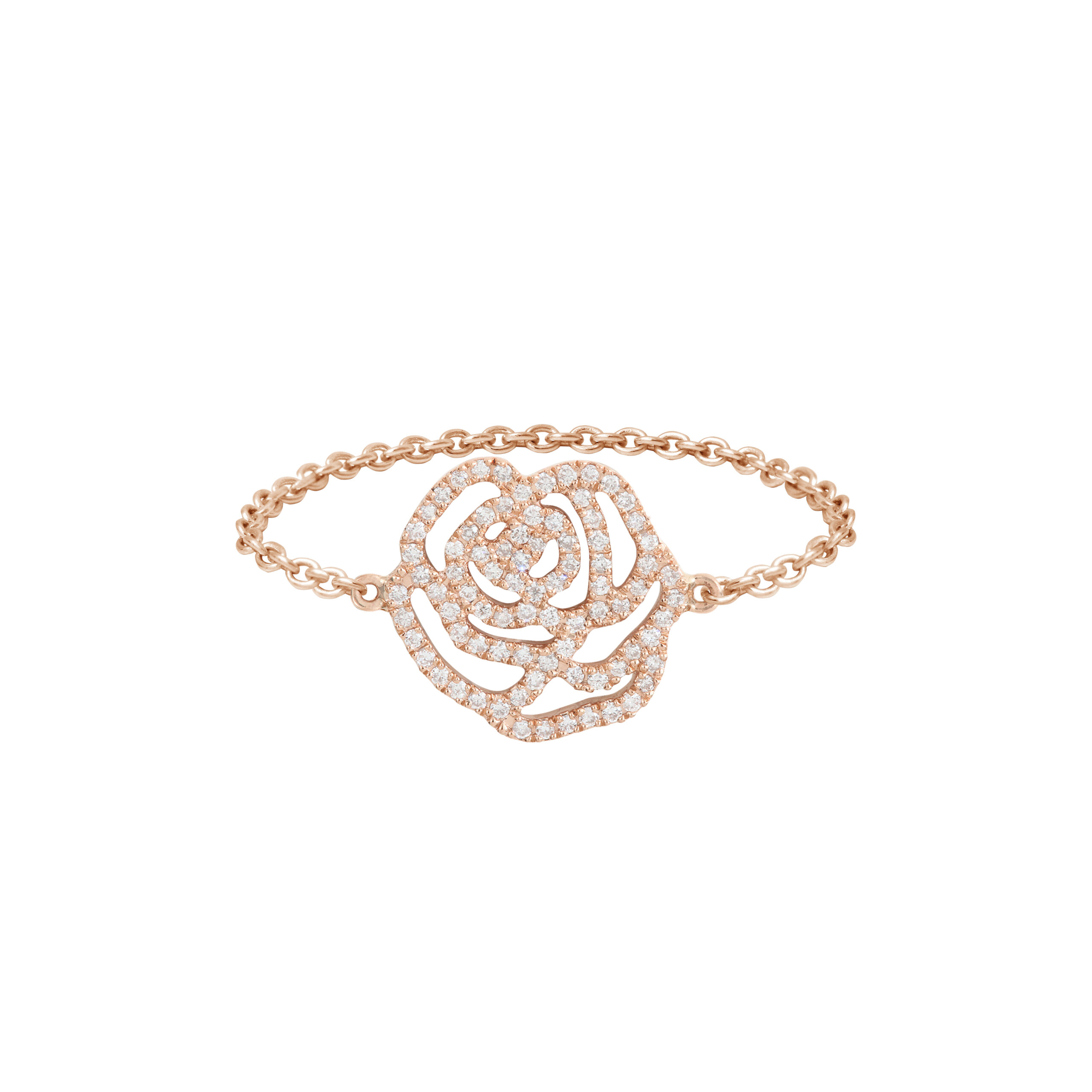 Bague chaînette fleur la Rose en or rose est un bijou de joaillerie fine fabriqué en France. Plate et moderne, c'est un cadeau idéal pour un anniversaire, des fiançailles ou un mariage.