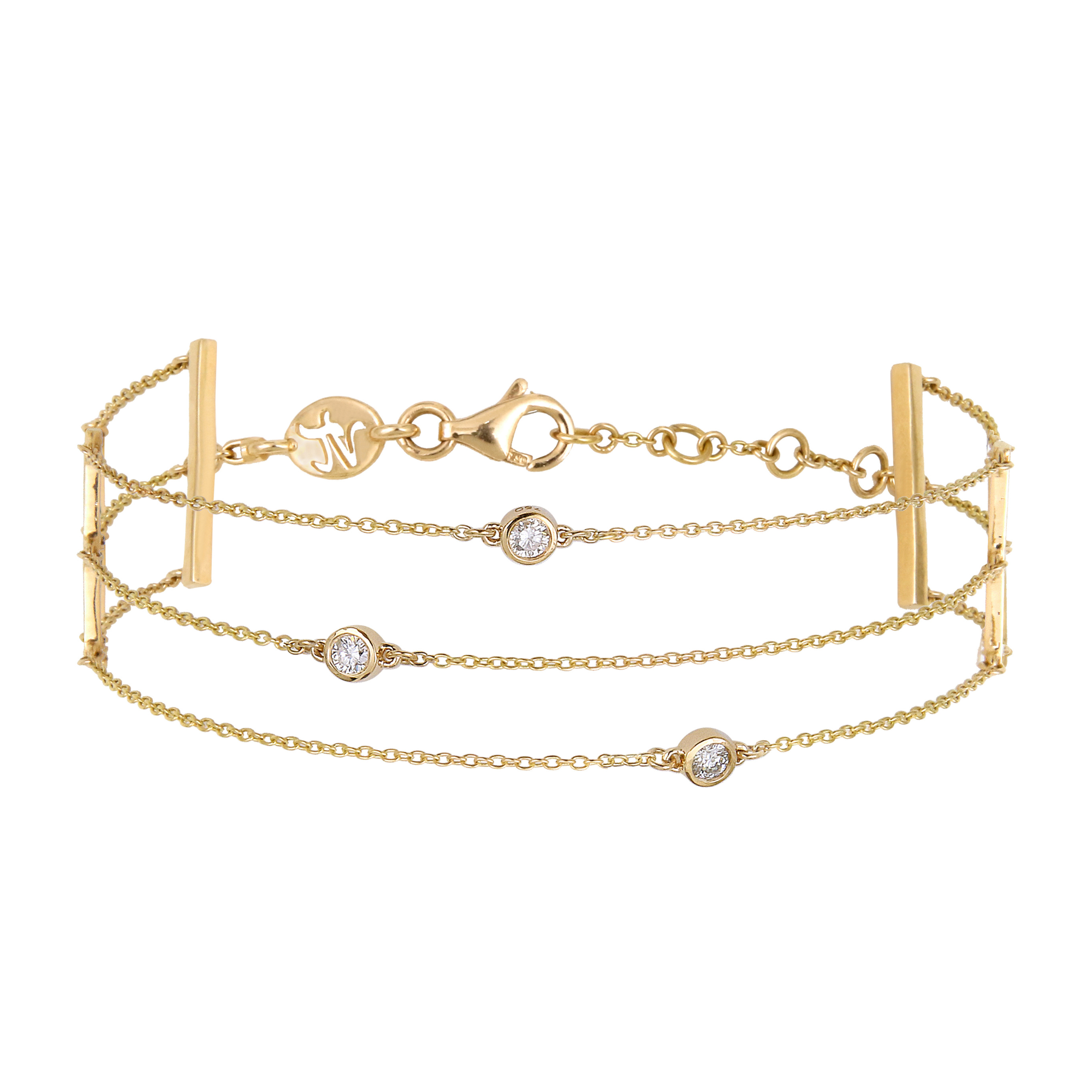 Bracelet multi-chaînettes en or jaune et diamants solitaires est un bijou de joaillerie fine élégant, raffiné, mode et tendance fabriqué en France. Cadeau idéal pour un anniversaire, Noël, des fiançailles ou un mariage.