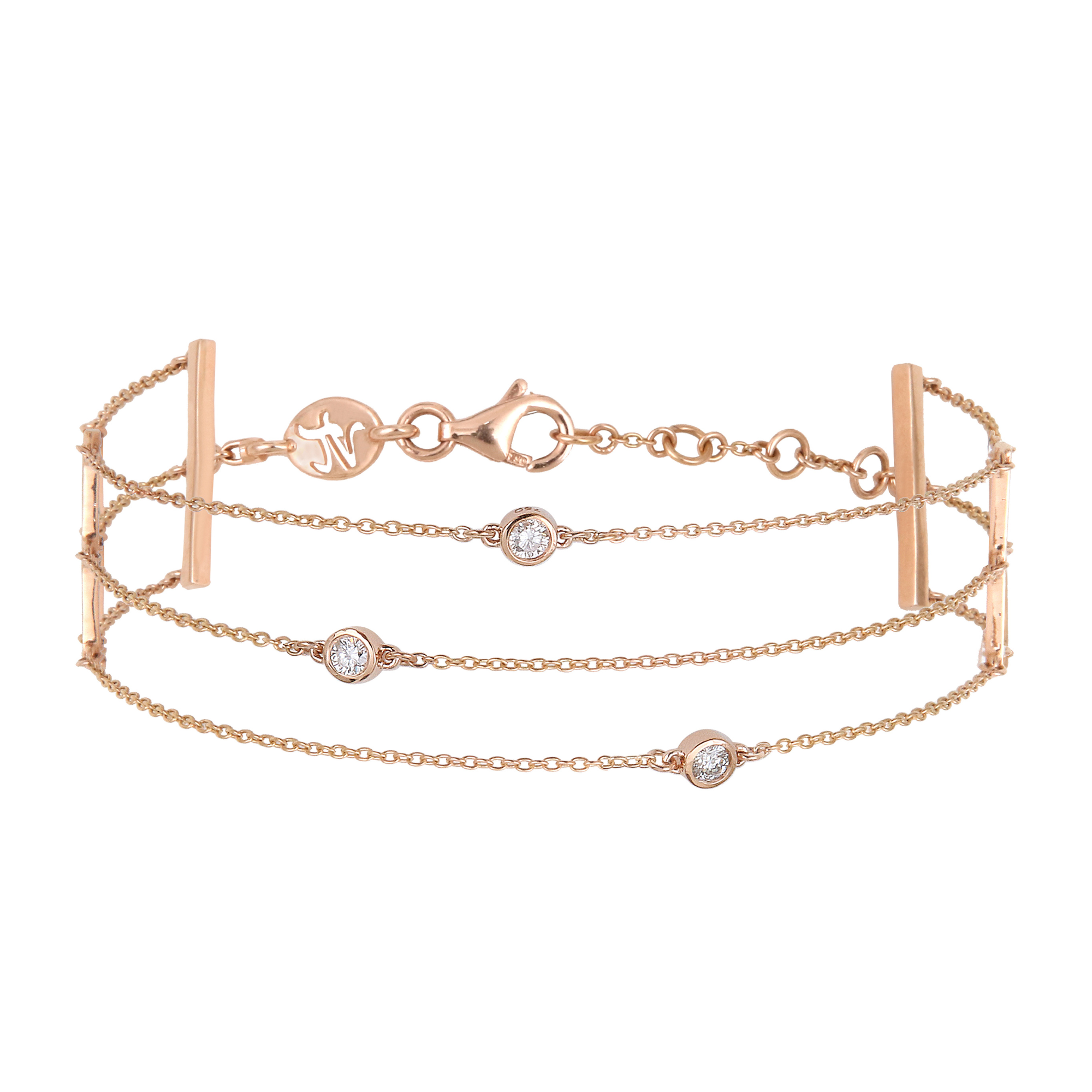 Bracelet multi-chaînettes en or rose et diamants solitaires est un bijou de joaillerie fine élégant, raffiné, mode et tendance fabriqué en France. Cadeau idéal pour un anniversaire, Noël, des fiançailles ou un mariage.