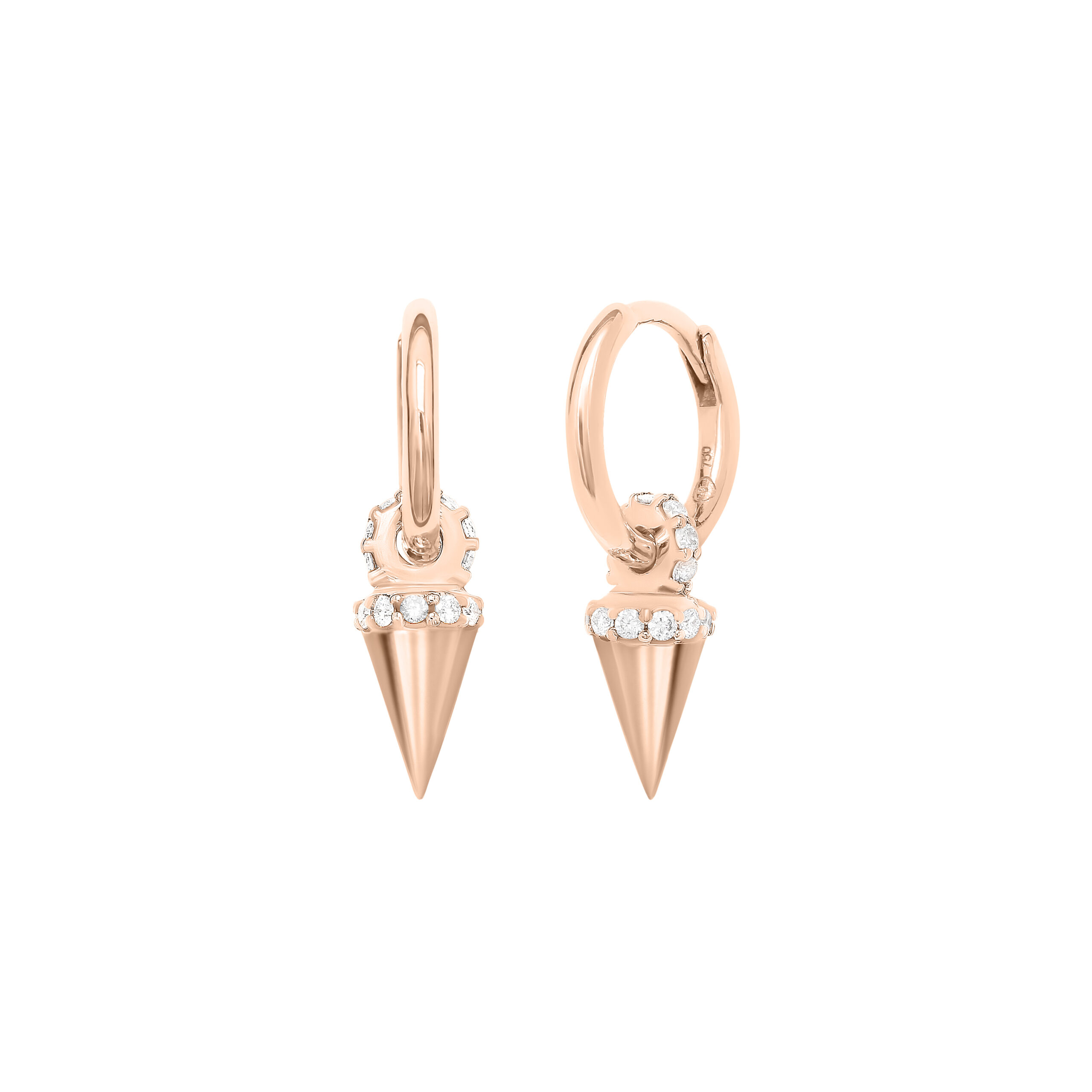 Boucles d'oreilles créoles pendantes pendules en or rose et diamants. Bijoux rock de luxe élégant et raffiné. Marque de Joaillerie fine moderne. Idéal en cadeau de noël, d'anniversaire et de mariage.