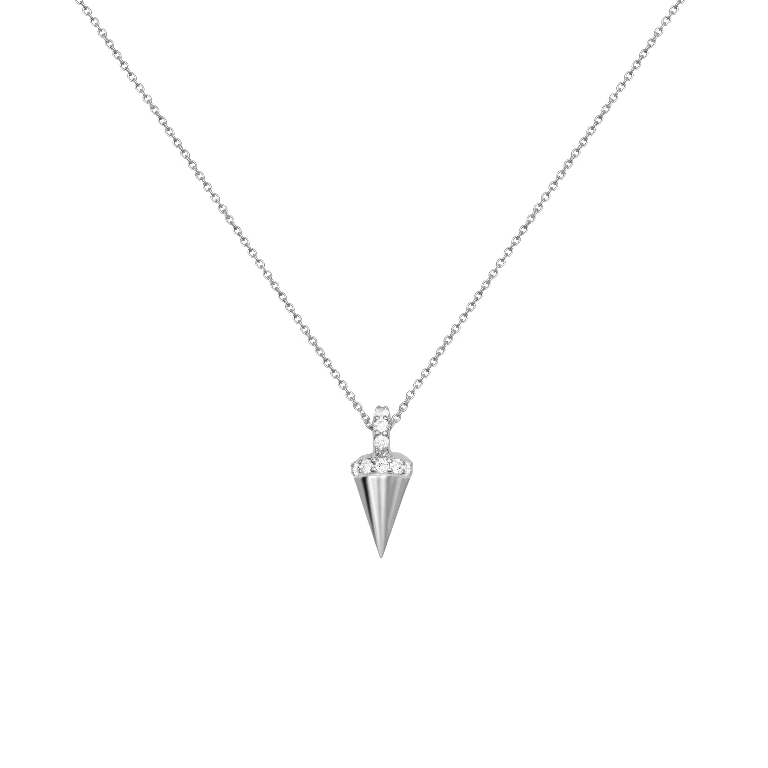 Collier pendule en or blanc et diamants. Bijou de luxe moderne et rock fabriqué en France. Marque de joaillerie fine portée par les célébrités. Cadeau de noël ou d'anniversaire idéal.