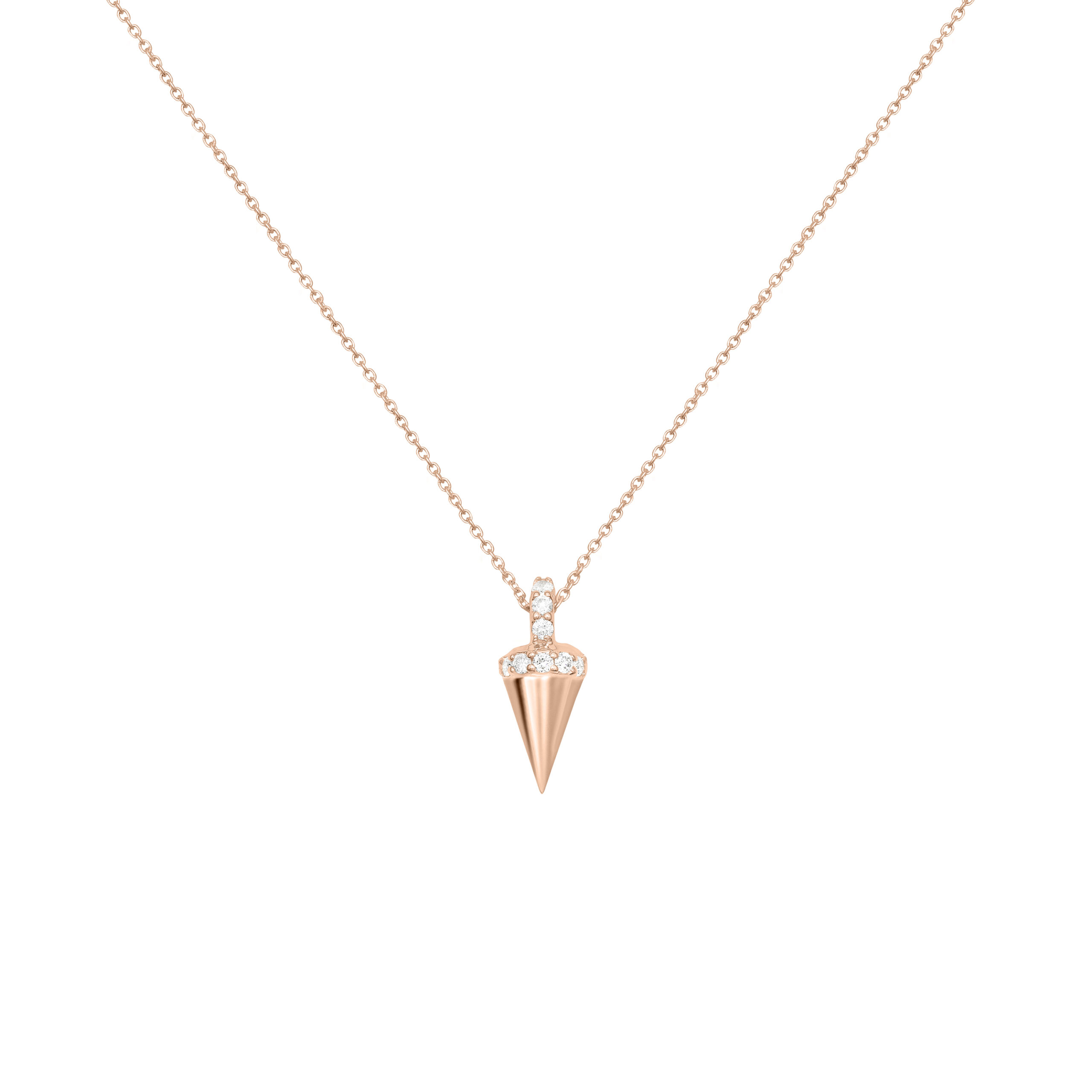 Collier pendule en or rose et diamants. Bijou de luxe moderne et rock fabriqué en France. Marque de joaillerie fine portée par les célébrités. Cadeau de noël ou d'anniversaire idéal.